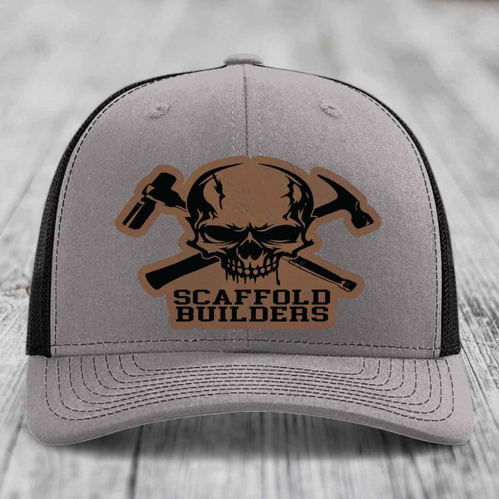 Scaffold Builders - Leather Patch Hat - Dark Brown to Black Patch - Richardson 112 Snapback Trucker Hat