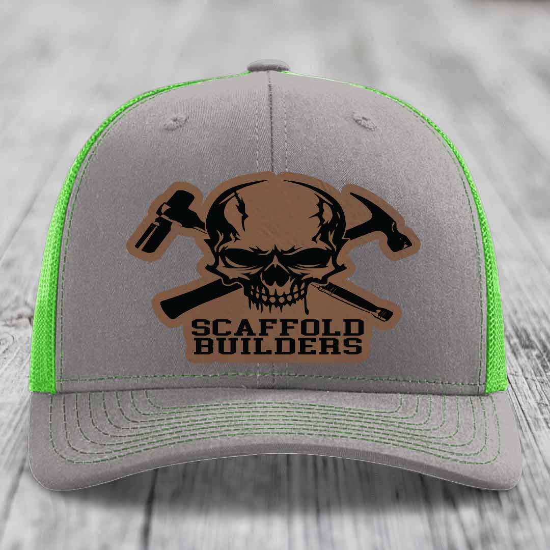 Scaffold Builders - Leather Patch Hat - Dark Brown to Black Patch - Richardson 112 Snapback Trucker Hat