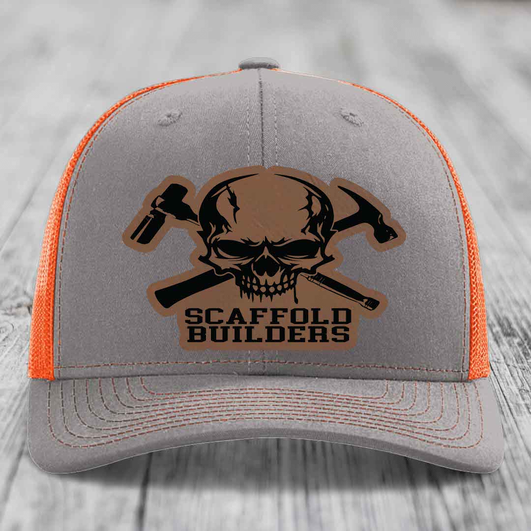 Scaffold Builders - Leather Patch Hat - Dark Brown to Black Patch - Richardson 112 Snapback Trucker Hat