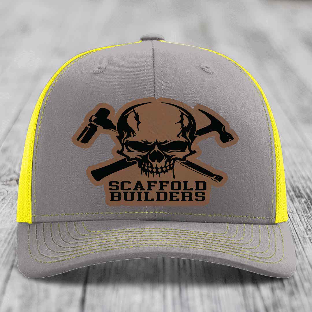 Scaffold Builders - Leather Patch Hat - Dark Brown to Black Patch - Richardson 112 Snapback Trucker Hat