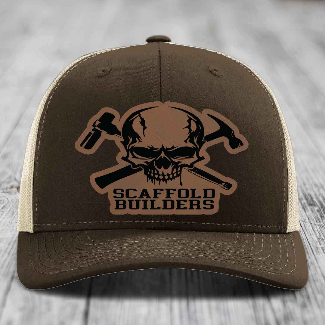 Scaffold Builders - Leather Patch Hat - Dark Brown to Black Patch - Richardson 112 Snapback Trucker Hat