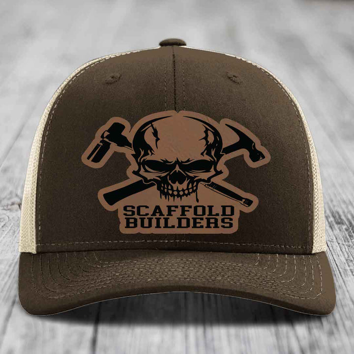 Scaffold Builders - Leather Patch Hat - Dark Brown to Black Patch - Richardson 112 Snapback Trucker Hat