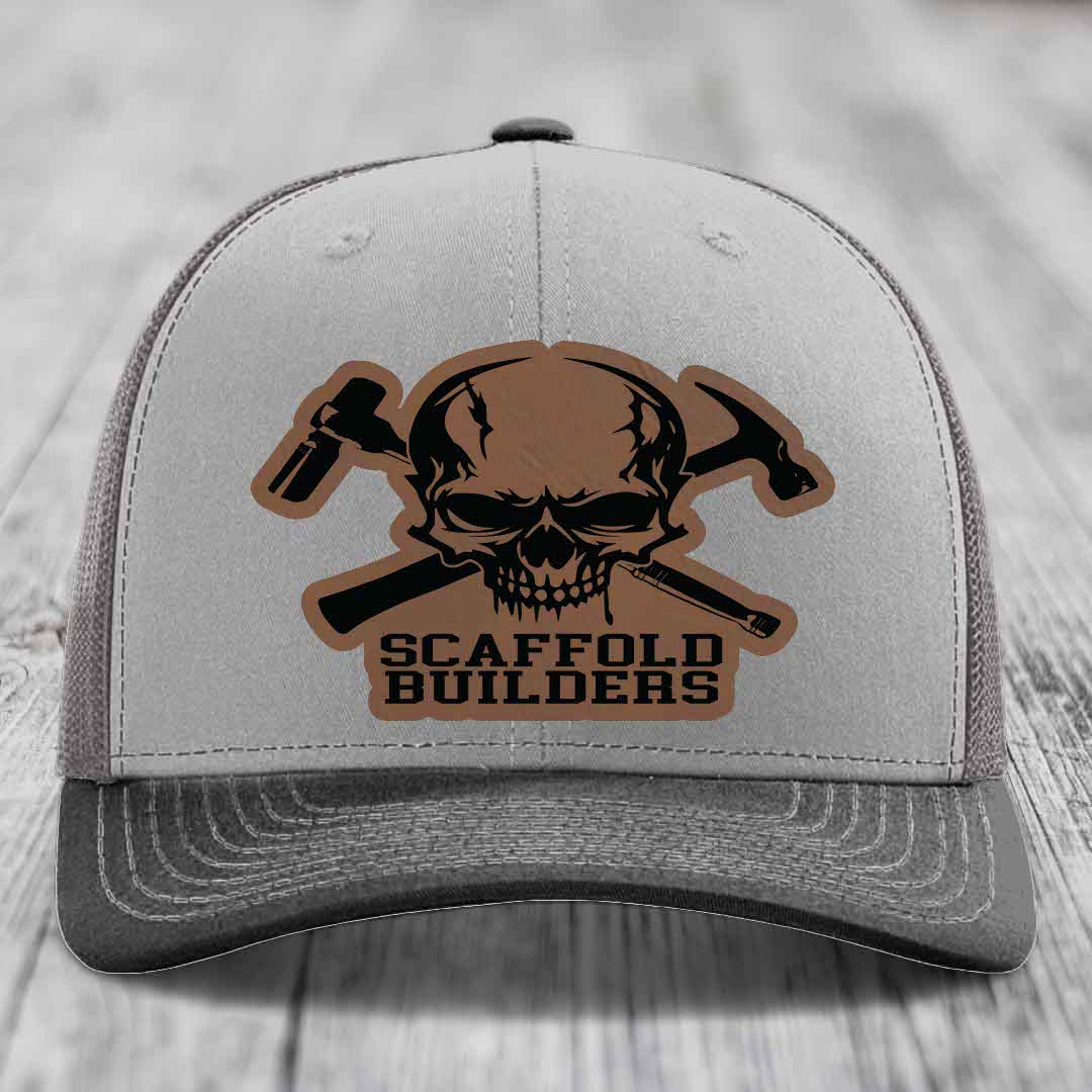 Scaffold Builders - Leather Patch Hat - Dark Brown to Black Patch - Richardson 112 Snapback Trucker Hat