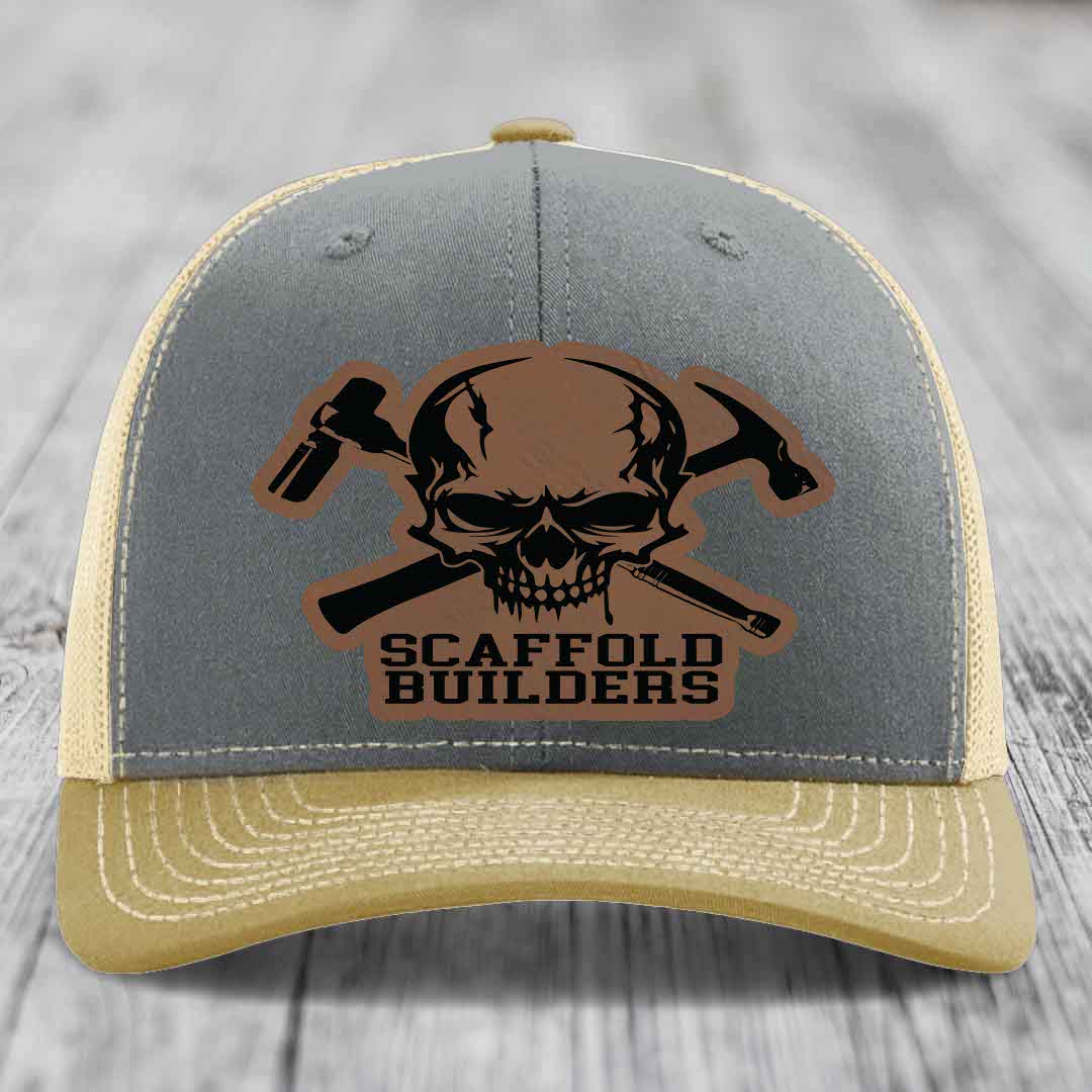 Scaffold Builders - Leather Patch Hat - Dark Brown to Black Patch - Richardson 112 Snapback Trucker Hat
