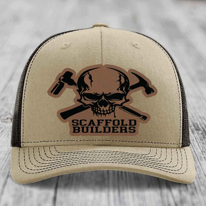 Scaffold Builders - Leather Patch Hat - Dark Brown to Black Patch - Richardson 112 Snapback Trucker Hat