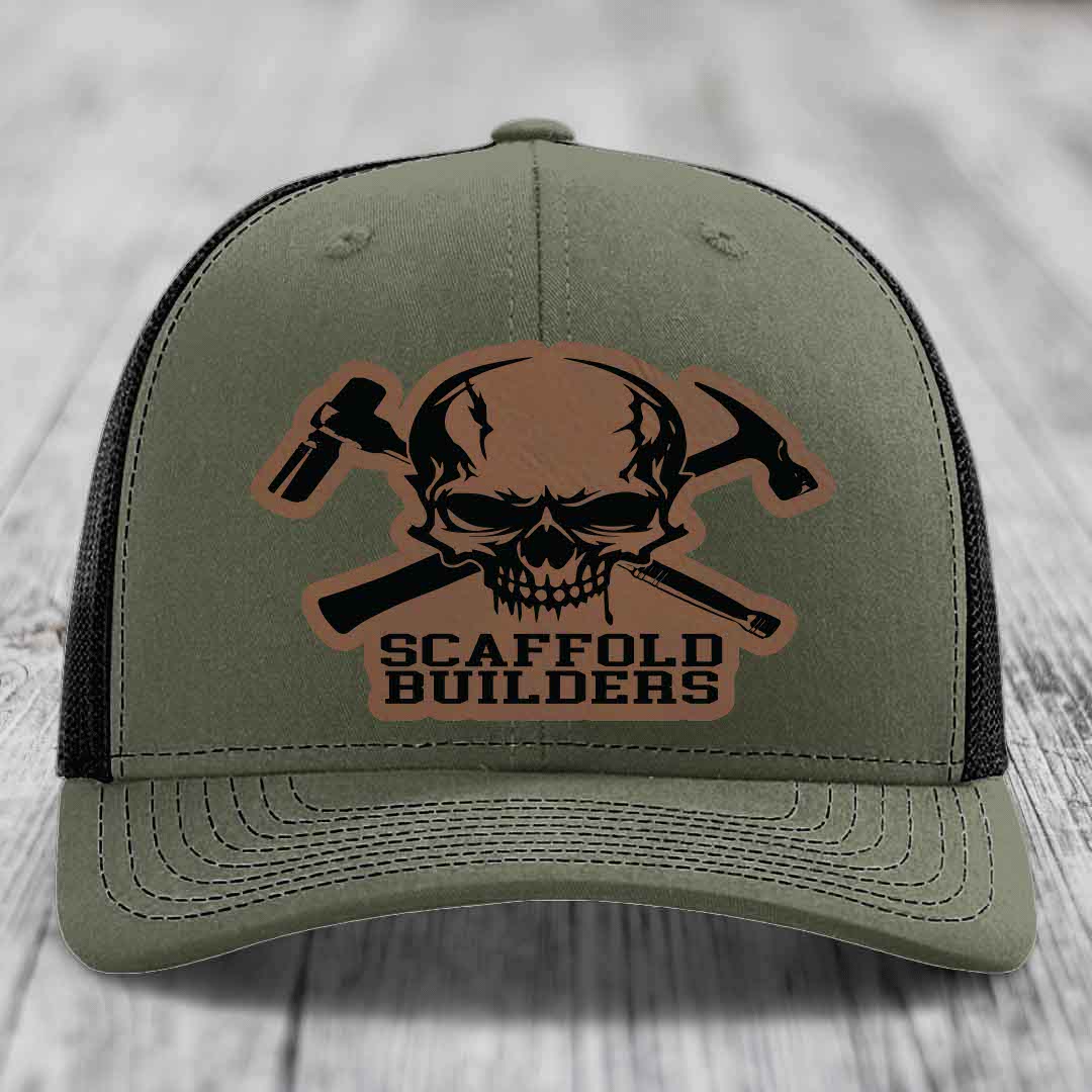 Scaffold Builders - Leather Patch Hat - Dark Brown to Black Patch - Richardson 112 Snapback Trucker Hat