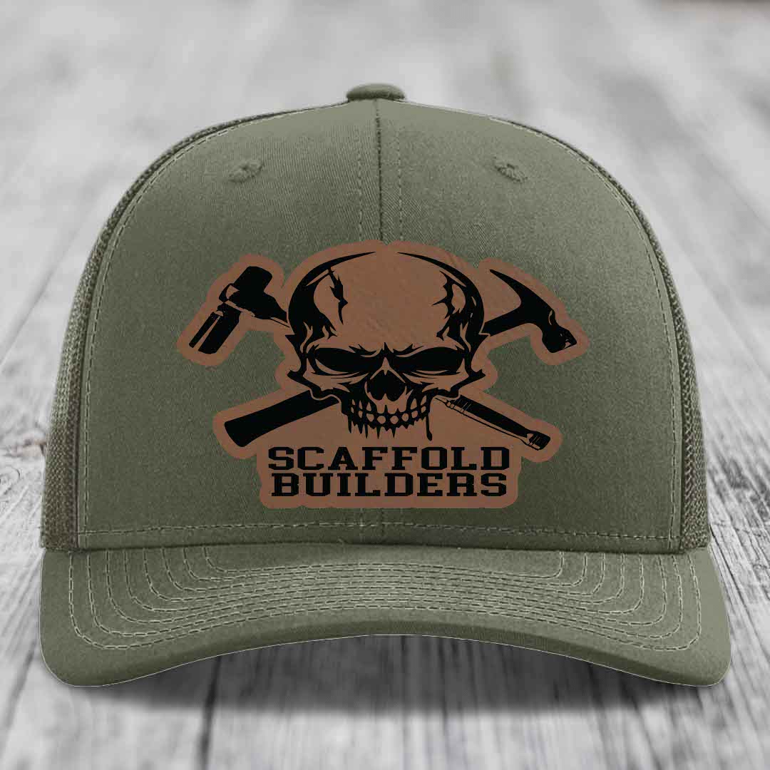Scaffold Builders - Leather Patch Hat - Dark Brown to Black Patch - Richardson 112 Snapback Trucker Hat