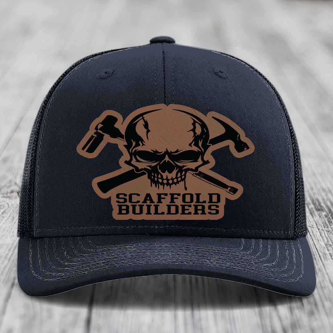 Scaffold Builders - Leather Patch Hat - Dark Brown to Black Patch - Richardson 112 Snapback Trucker Hat