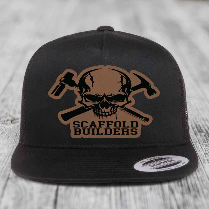 Scaffold Builders - Leather Patch Hat - Dark Brown to Black Patch - Yupoong 6006 Snapback Flatbill Hat