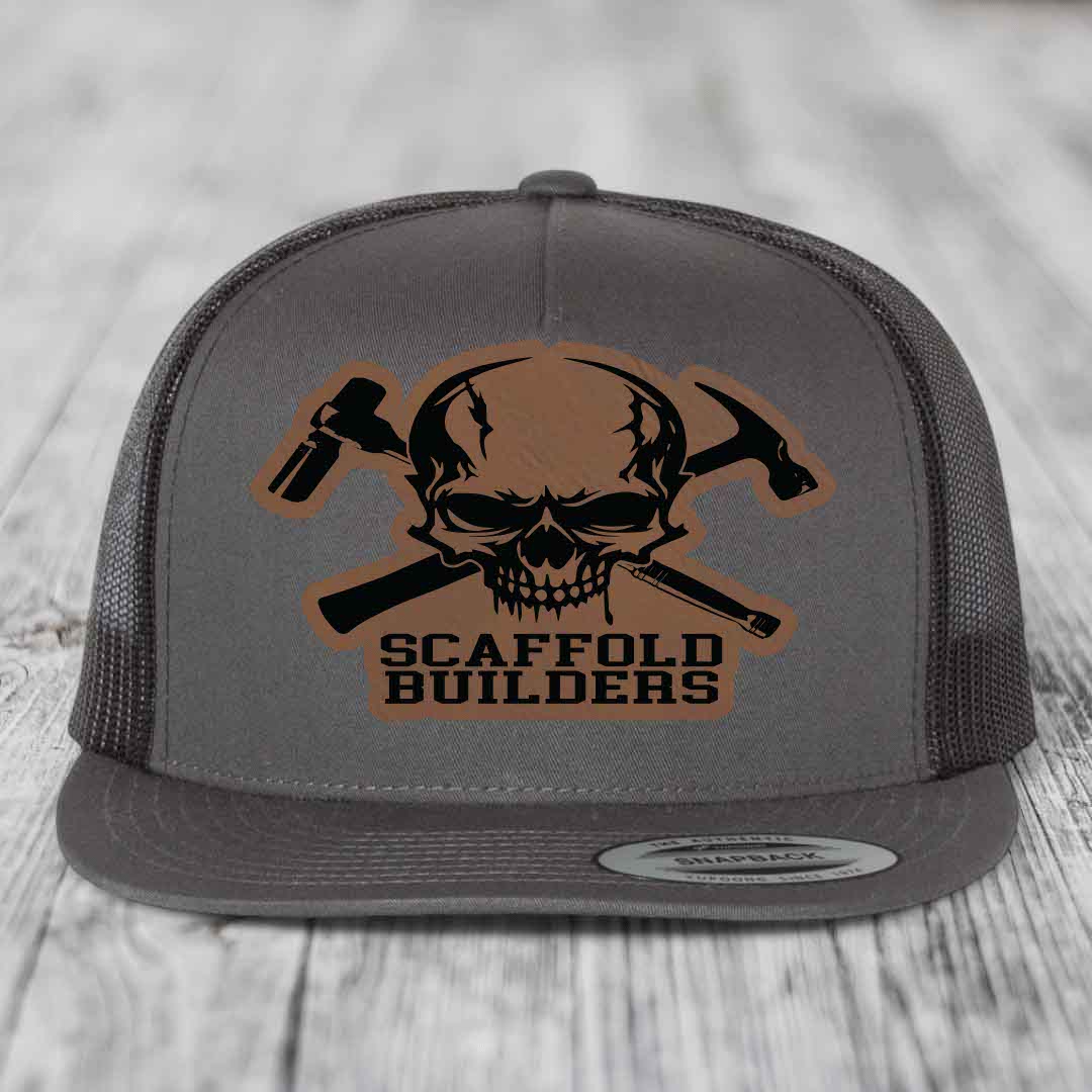 Scaffold Builders - Leather Patch Hat - Dark Brown to Black Patch - Yupoong 6006 Snapback Flatbill Hat