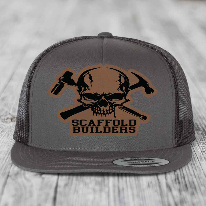 Scaffold Builders - Leather Patch Hat - Dark Brown to Black Patch - Yupoong 6006 Snapback Flatbill Hat