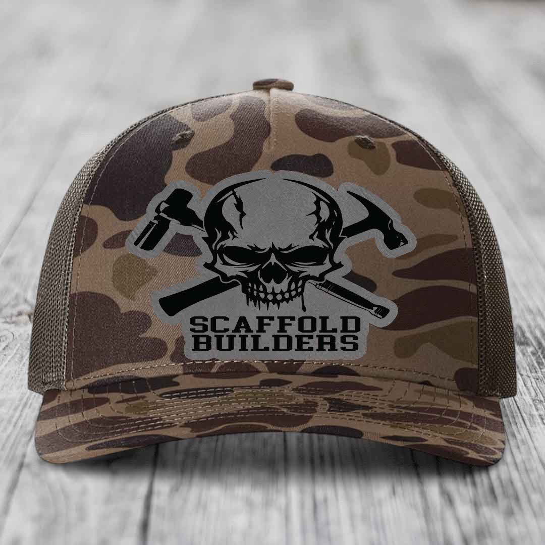 Scaffold Builders - Leather Patch Hat - Grey to Black Patch - Richardson 112PFP Snapback Trucker Hat