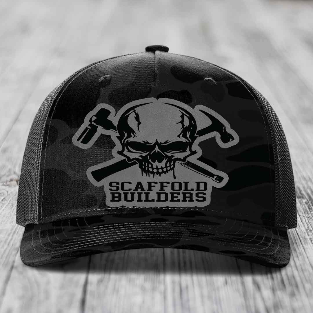 Scaffold Builders - Leather Patch Hat - Grey to Black Patch - Richardson 112PFP Snapback Trucker Hat