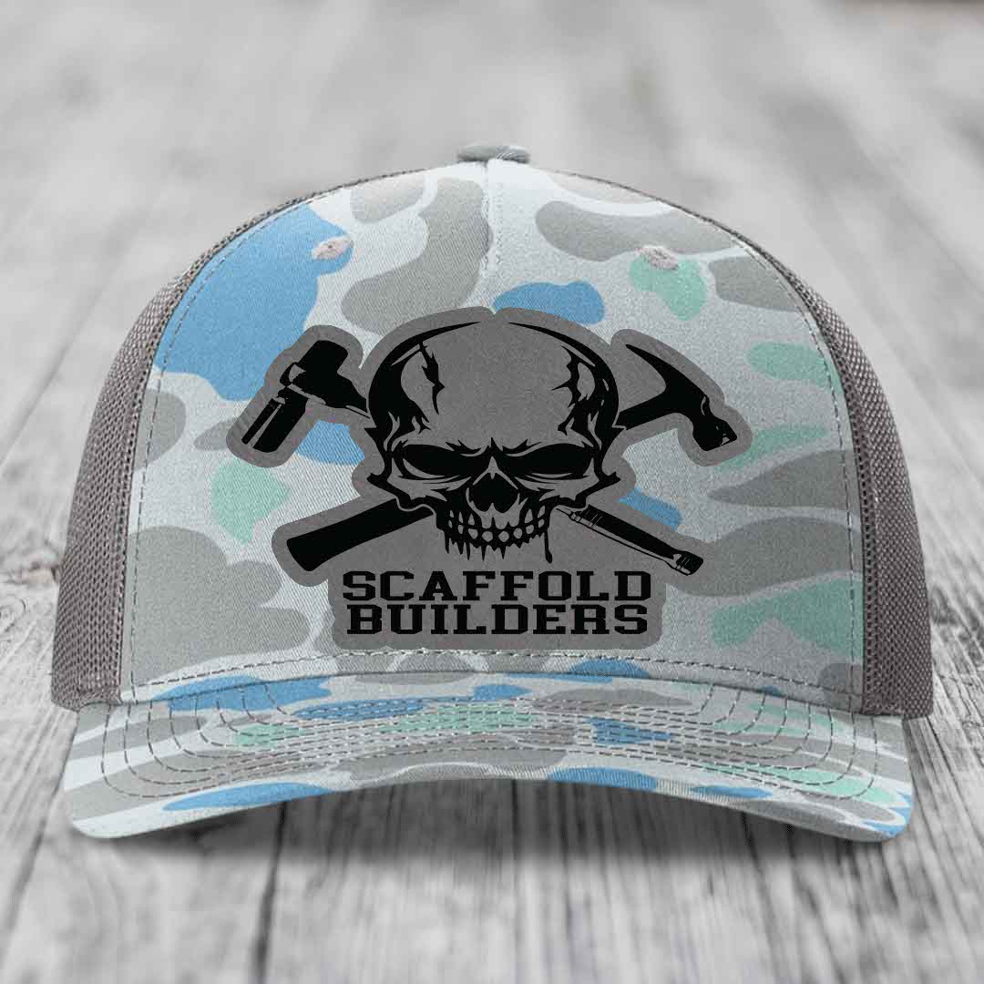 Scaffold Builders - Leather Patch Hat - Grey to Black Patch - Richardson 112PFP Snapback Trucker Hat