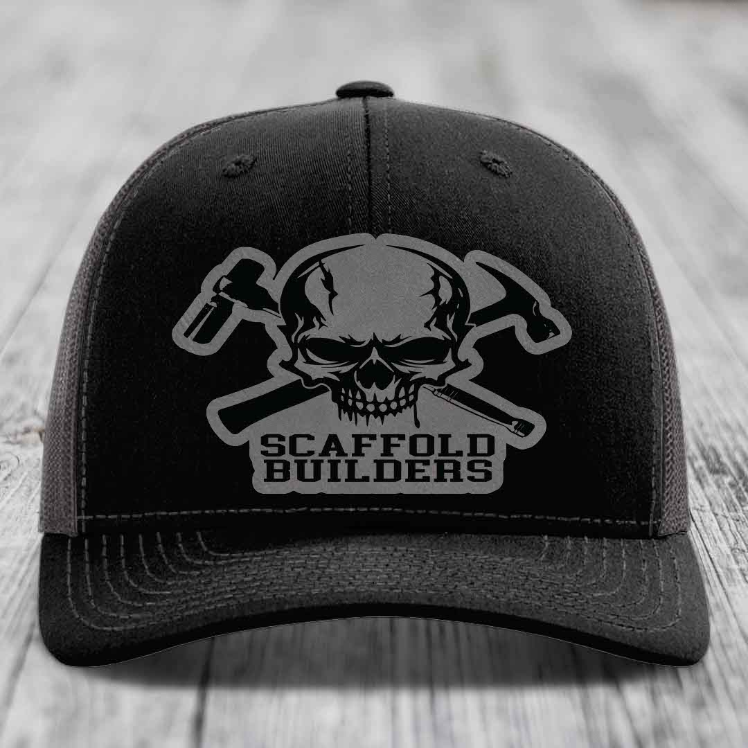 Scaffold Builders - Leather Patch Hat - Grey to Black Patch - Richardson 112 Snapback Trucker Hat