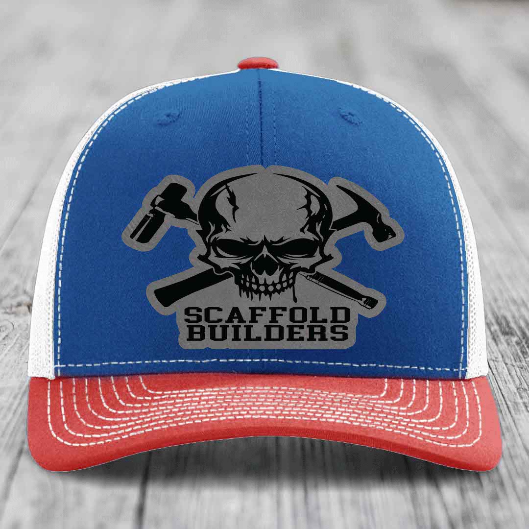 Blue and red trucker hat with skull and crossed hammers patch, embroidered &