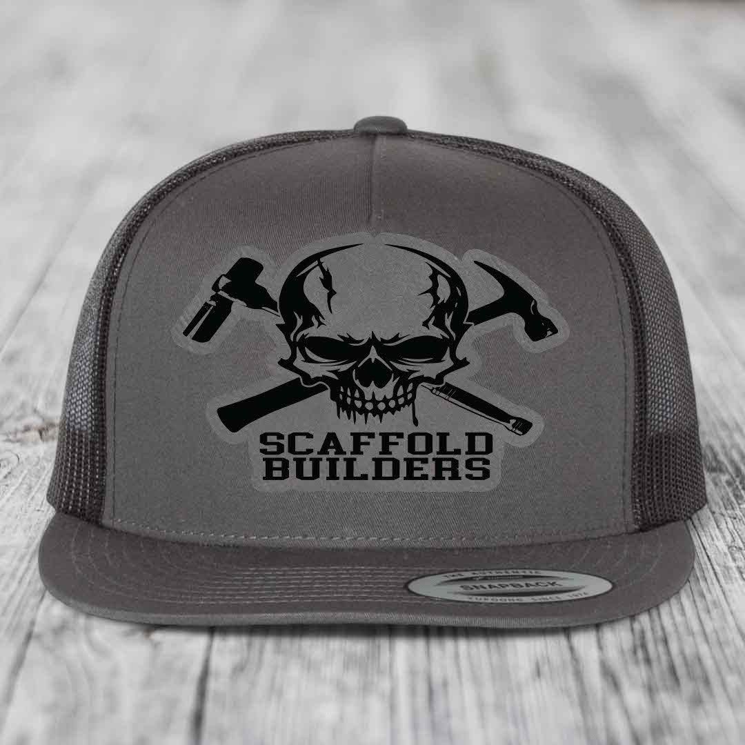 Scaffold Builders - Leather Patch Hat - Grey to Black Patch - Yupoong 6006 Snapback Flatbill Hat