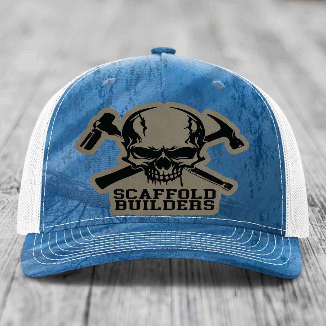 Blue and white trucker hat with skull and crossed hammers patch reading &