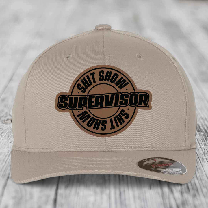 Shit Show Supervisor - Leather Patch Hat - Dark Brown to Black Patch - Flexfit 6277 Fitted Hat