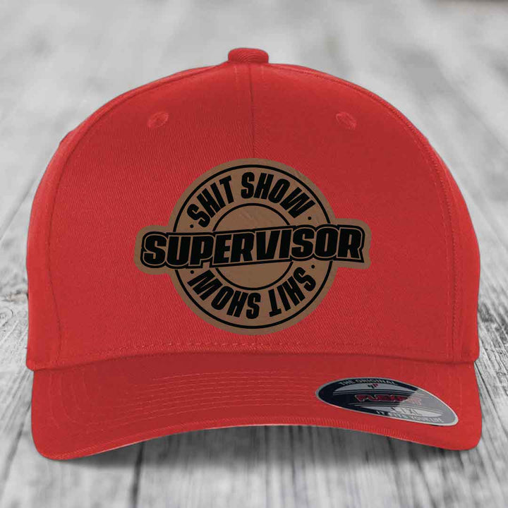 Shit Show Supervisor - Leather Patch Hat - Dark Brown to Black Patch - Flexfit 6277 Fitted Hat