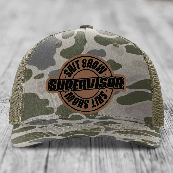 Shit Show Supervisor - Leather Patch Hat - Dark Brown to Black Patch - Richardson 112PFP Snapback Trucker Hat