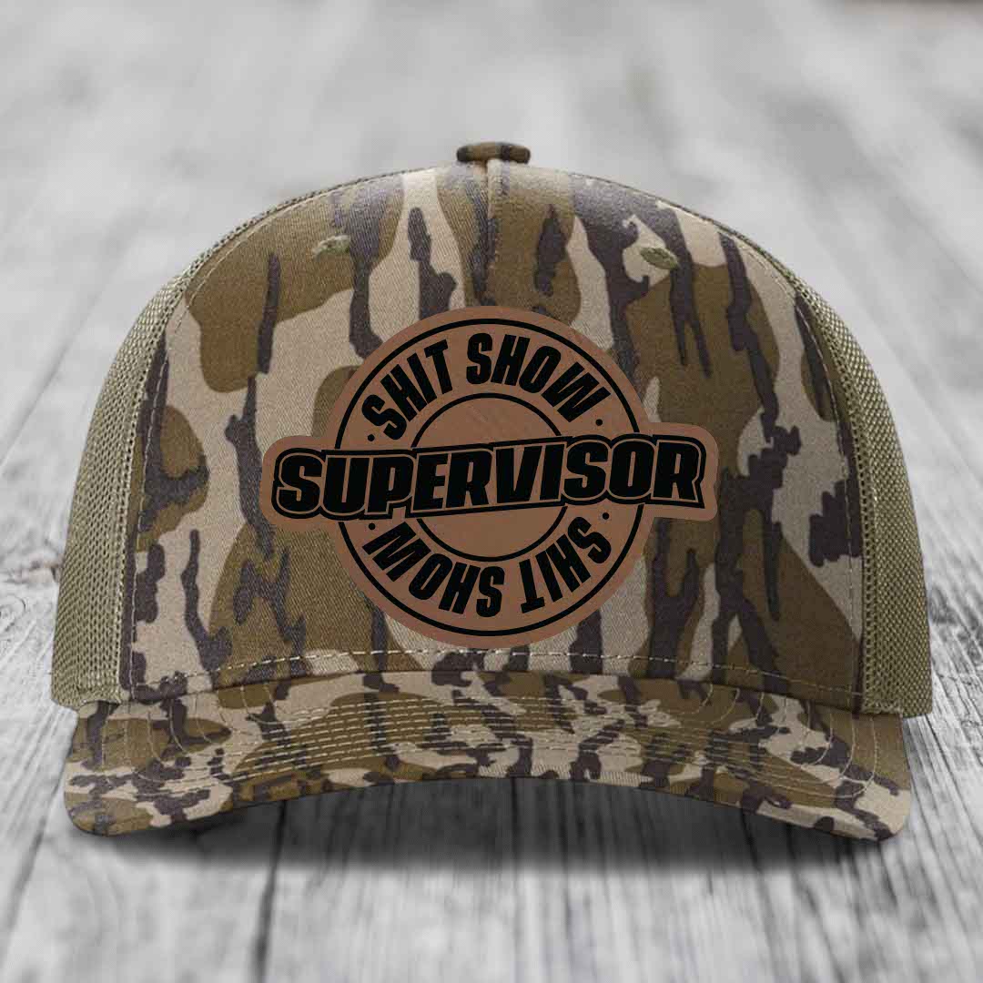 Shit Show Supervisor - Leather Patch Hat - Dark Brown to Black Patch - Richardson 112PFP Snapback Trucker Hat