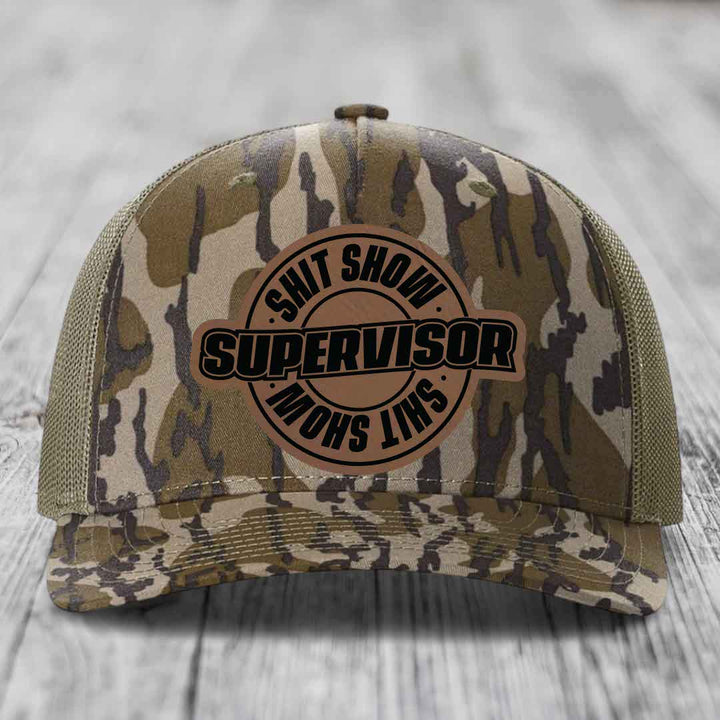 Shit Show Supervisor - Leather Patch Hat - Dark Brown to Black Patch - Richardson 112PFP Snapback Trucker Hat