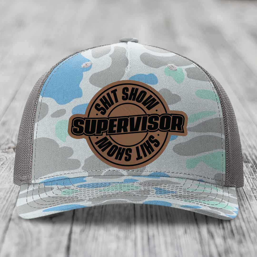 Shit Show Supervisor - Leather Patch Hat - Dark Brown to Black Patch - Richardson 112PFP Snapback Trucker Hat