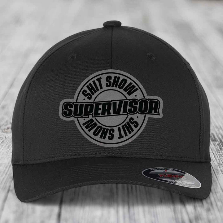 Shit Show Supervisor - Leather Patch Hat - Grey to Black Patch - Flexfit 6277 Fitted Hat