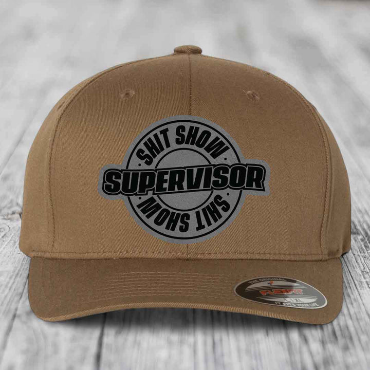 Shit Show Supervisor - Leather Patch Hat - Grey to Black Patch - Flexfit 6277 Fitted Hat