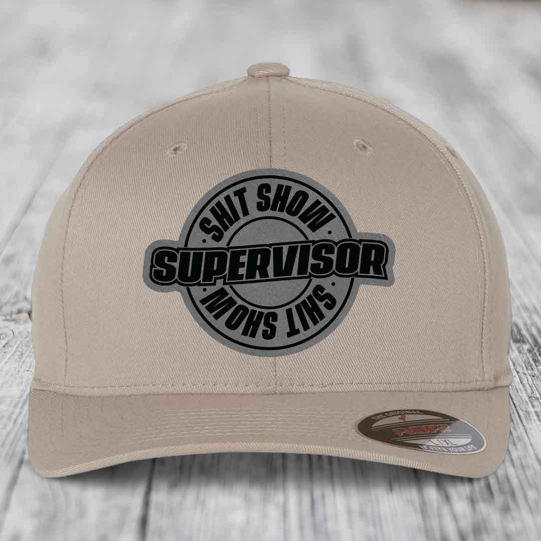 Shit Show Supervisor - Leather Patch Hat - Grey to Black Patch - Flexfit 6277 Fitted Hat