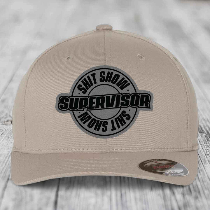 Shit Show Supervisor - Leather Patch Hat - Grey to Black Patch - Flexfit 6277 Fitted Hat