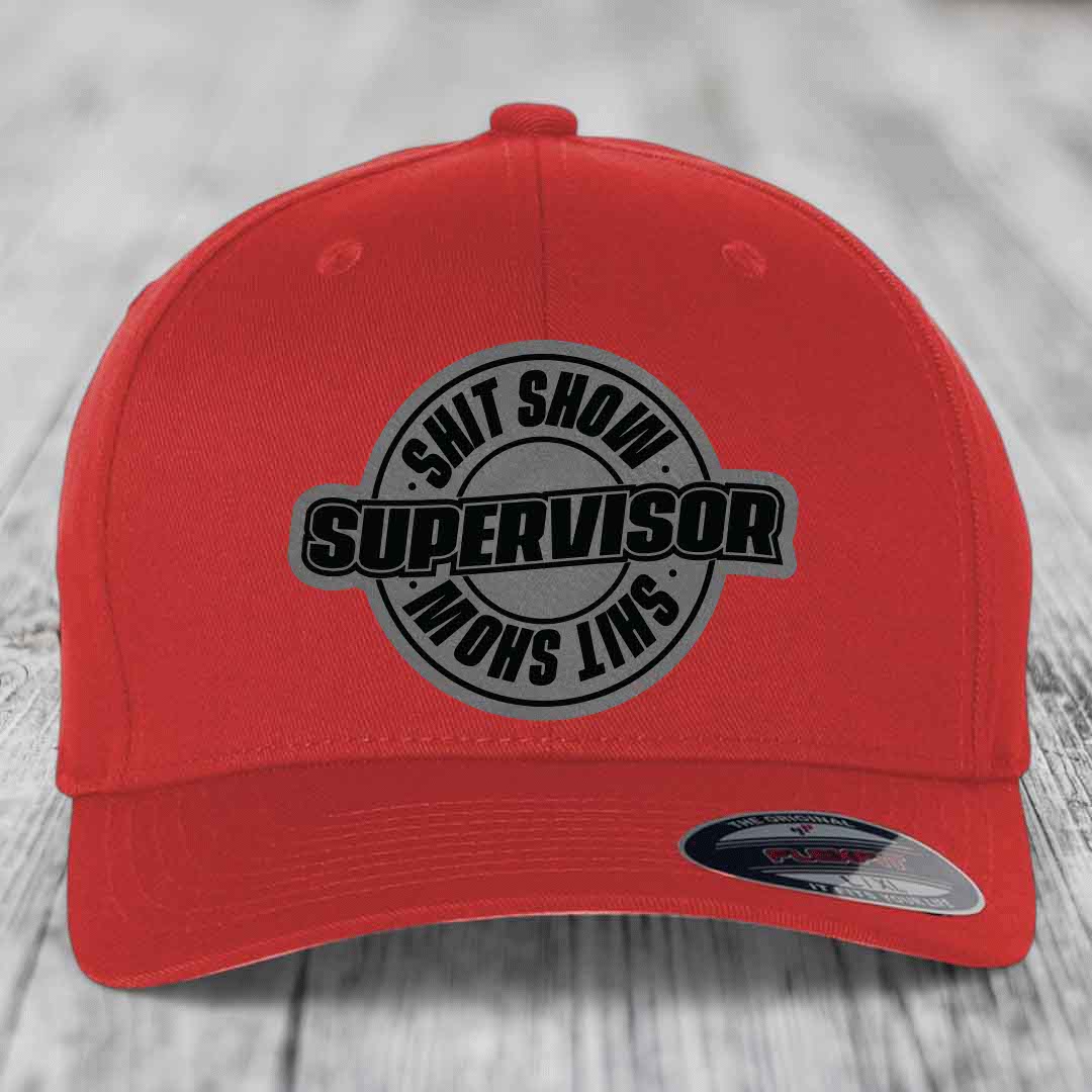 Shit Show Supervisor - Leather Patch Hat - Grey to Black Patch - Flexfit 6277 Fitted Hat