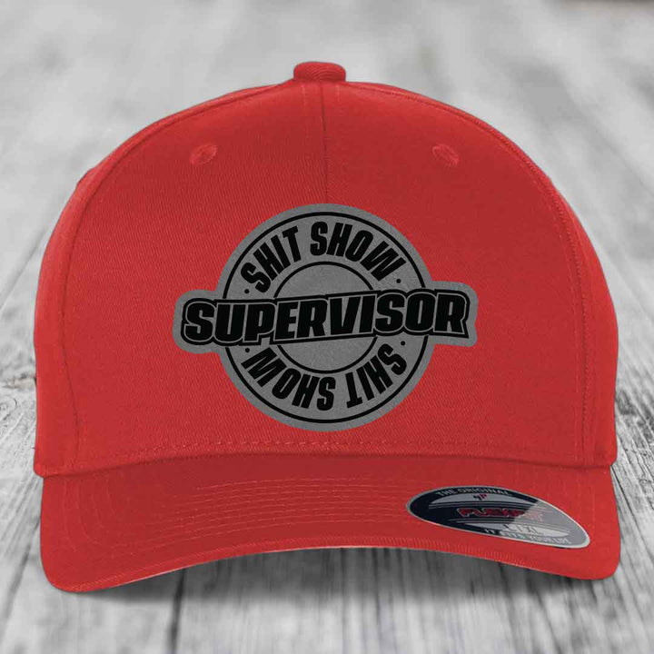 Shit Show Supervisor - Leather Patch Hat - Grey to Black Patch - Flexfit 6277 Fitted Hat