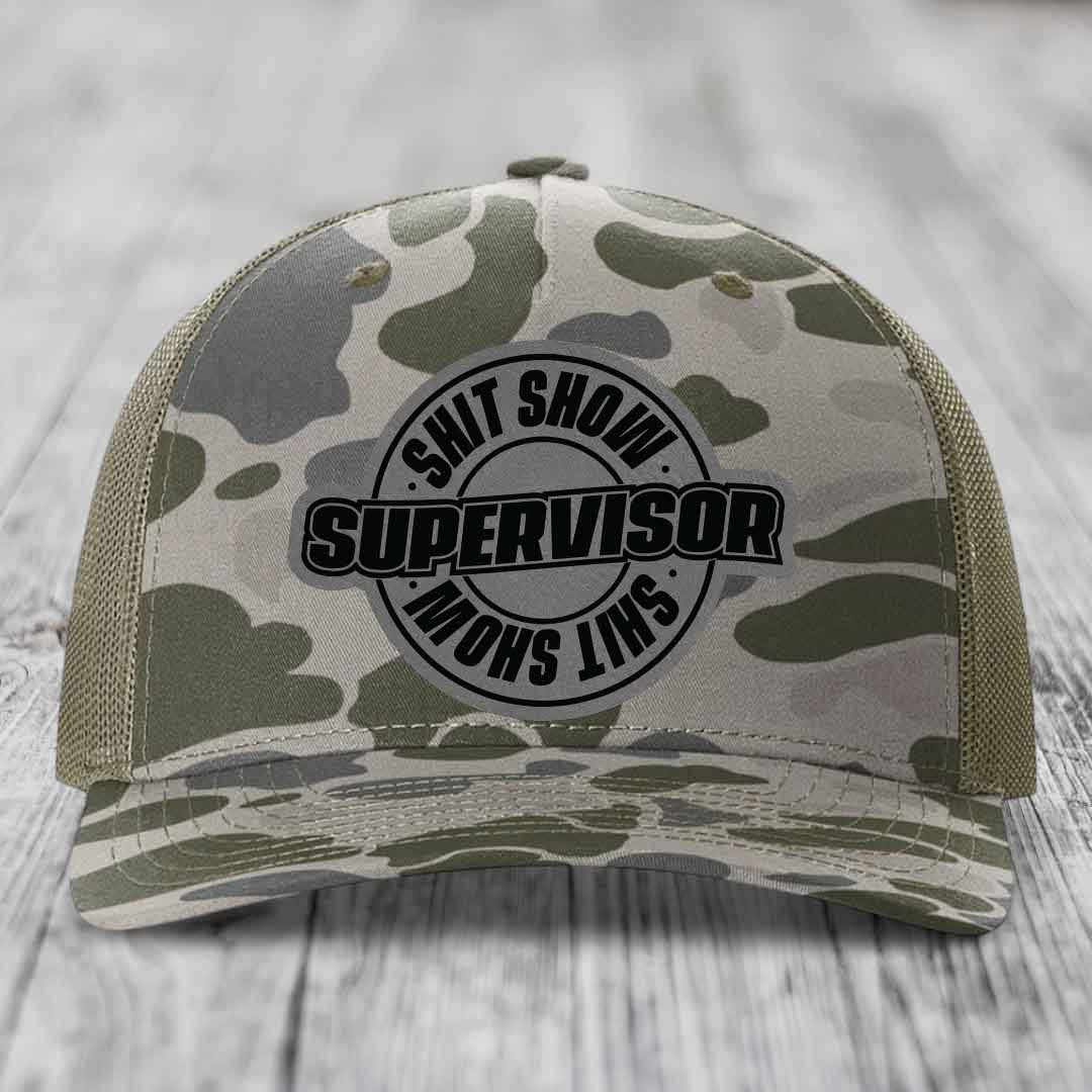 Shit Show Supervisor - Leather Patch Hat - Grey to Black Patch - Richardson 112PFP Snapback Trucker Hat