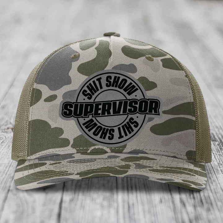 Shit Show Supervisor - Leather Patch Hat - Grey to Black Patch - Richardson 112PFP Snapback Trucker Hat