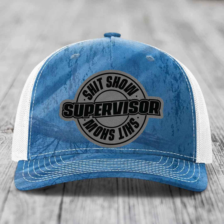 Shit Show Supervisor - Leather Patch Hat - Grey to Black Patch - Richardson 112PFP Snapback Trucker Hat