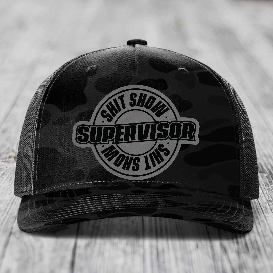 Shit Show Supervisor - Leather Patch Hat - Grey to Black Patch - Richardson 112PFP Snapback Trucker Hat