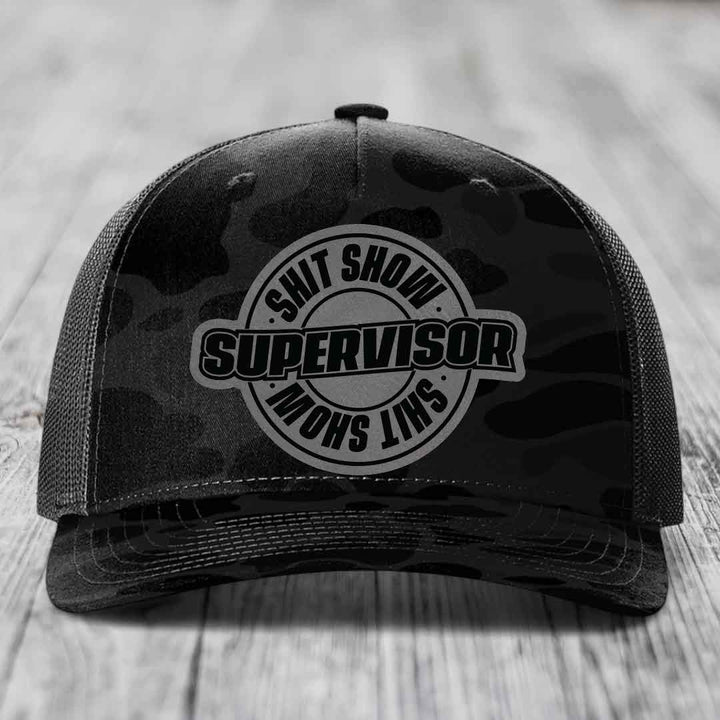 Shit Show Supervisor - Leather Patch Hat - Grey to Black Patch - Richardson 112PFP Snapback Trucker Hat