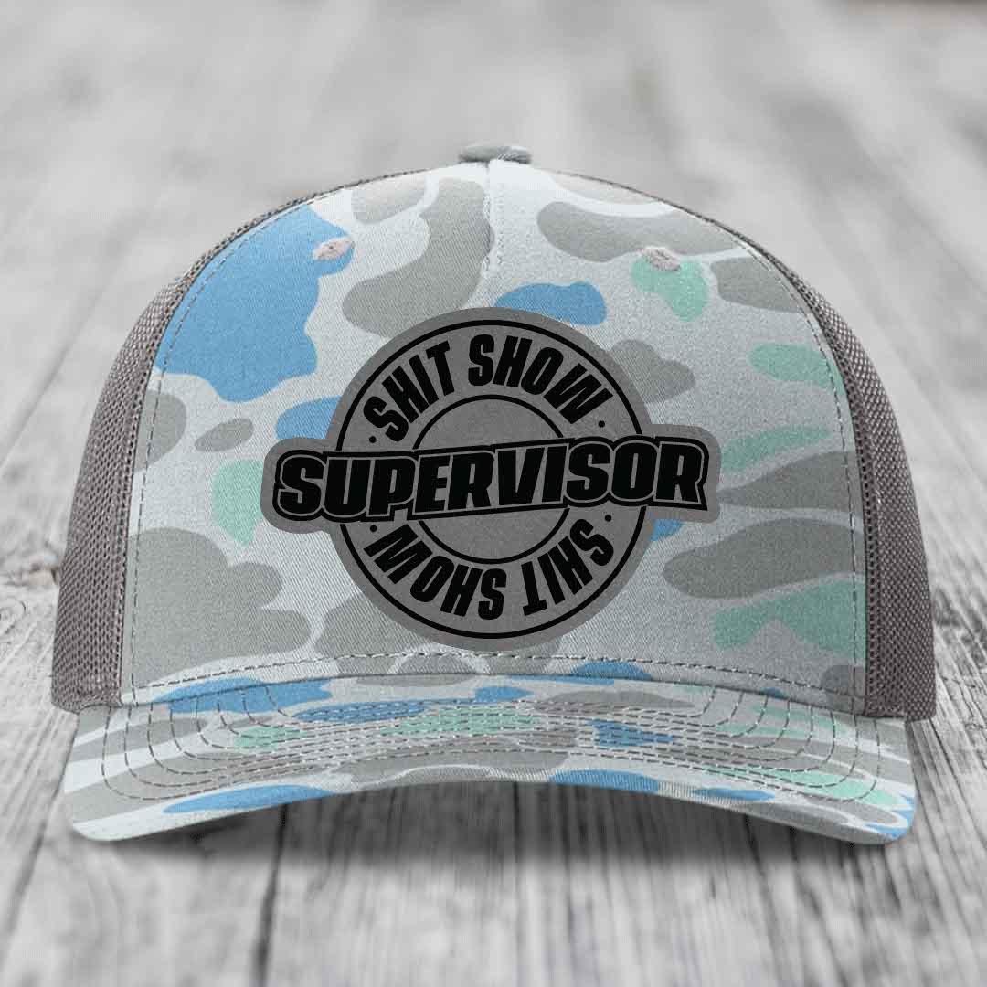 Shit Show Supervisor - Leather Patch Hat - Grey to Black Patch - Richardson 112PFP Snapback Trucker Hat