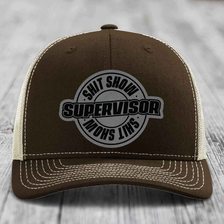 Shit Show Supervisor - Leather Patch Hat - Grey to Black Patch - Richardson 112 Snapback Trucker Hat