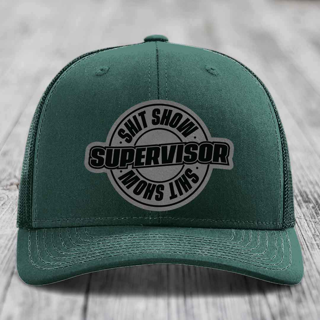Shit Show Supervisor - Leather Patch Hat - Grey to Black Patch - Richardson 112 Snapback Trucker Hat