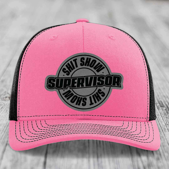 Shit Show Supervisor - Leather Patch Hat - Grey to Black Patch - Richardson 112 Snapback Trucker Hat