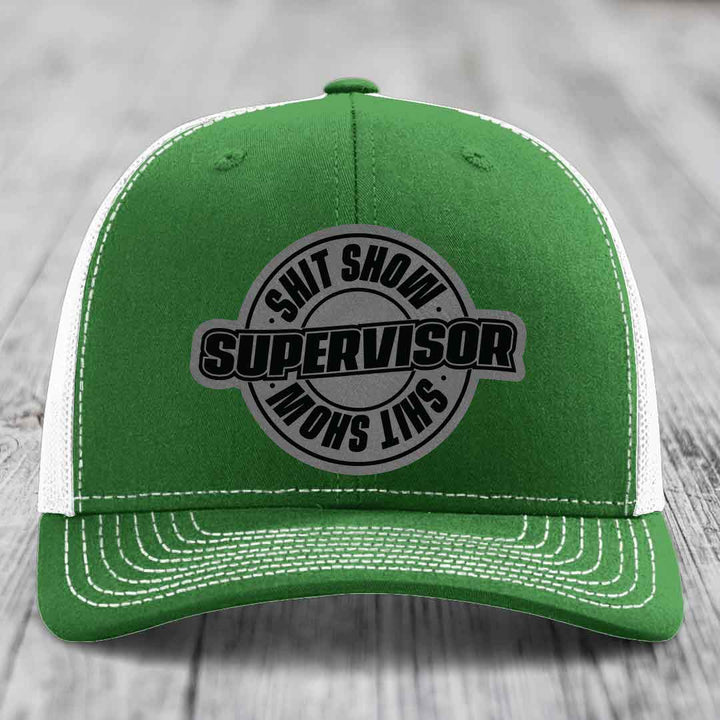 Shit Show Supervisor - Leather Patch Hat - Grey to Black Patch - Richardson 112 Snapback Trucker Hat