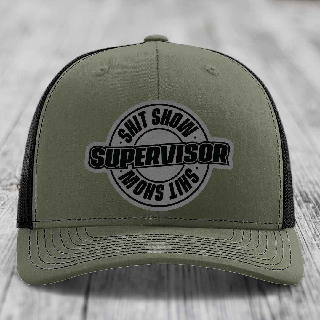 Shit Show Supervisor - Leather Patch Hat - Grey to Black Patch - Richardson 112 Snapback Trucker Hat