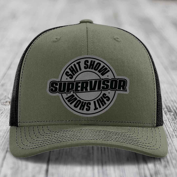 Shit Show Supervisor - Leather Patch Hat - Grey to Black Patch - Richardson 112 Snapback Trucker Hat