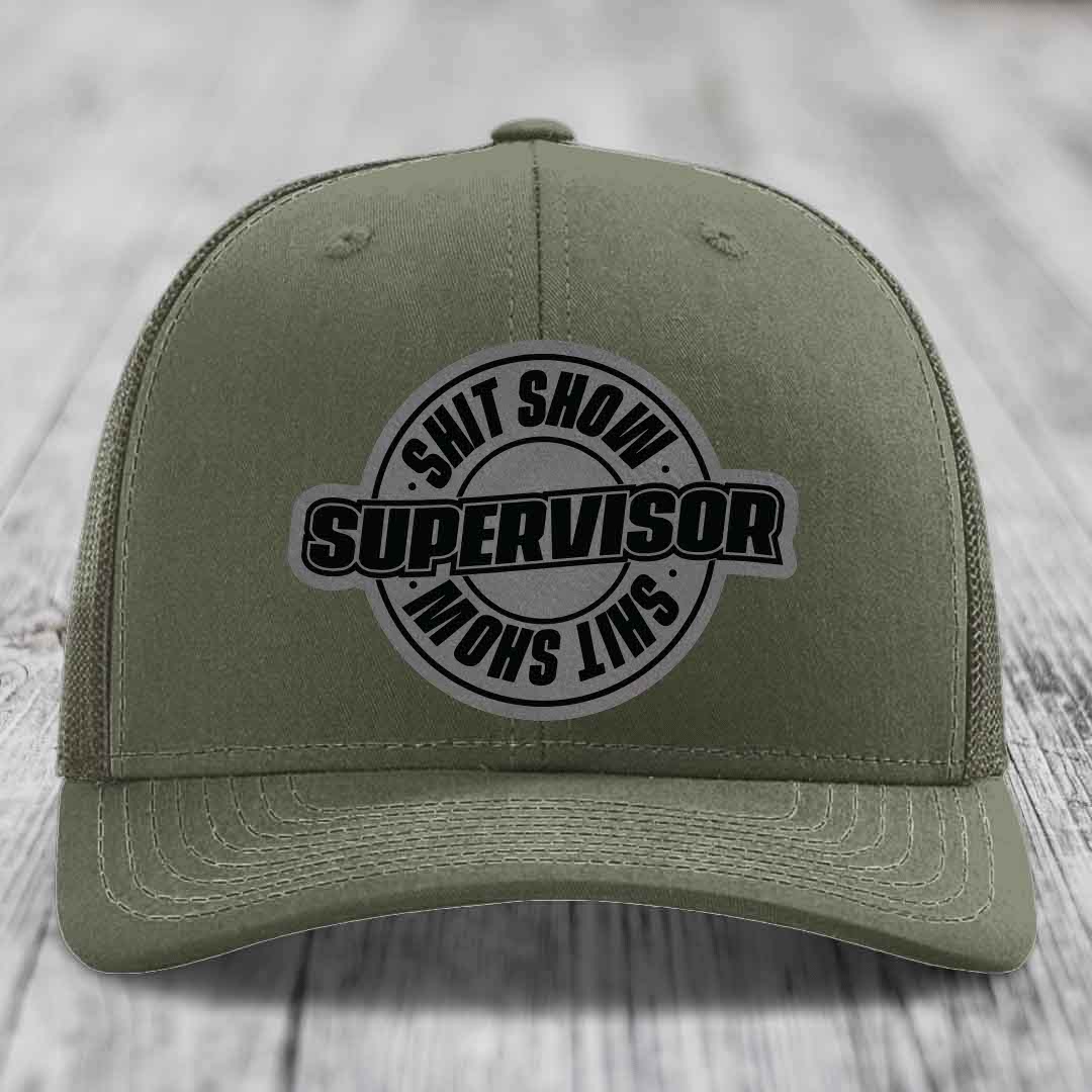 Shit Show Supervisor - Leather Patch Hat - Grey to Black Patch - Richardson 112 Snapback Trucker Hat