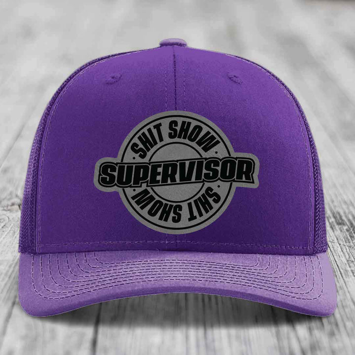 Shit Show Supervisor - Leather Patch Hat - Grey to Black Patch - Richardson 112 Snapback Trucker Hat