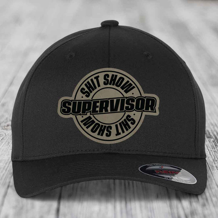 Shit Show Supervisor - Leather Patch Hat - Light Brown to Black Patch - Flexfit 6277 Fitted Hat