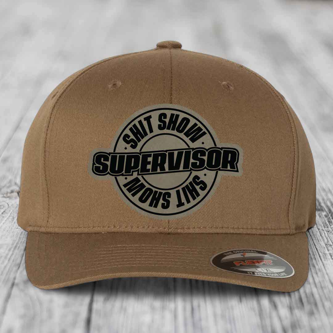 Shit Show Supervisor - Leather Patch Hat - Light Brown to Black Patch - Flexfit 6277 Fitted Hat